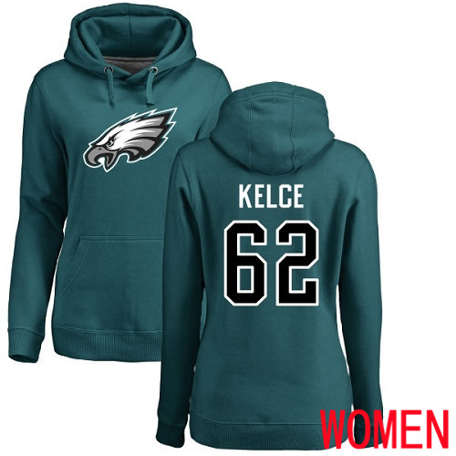 Women Philadelphia Eagles #62 Jason Kelce Green Name and Number Logo NFL Pullover Hoodie Sweatshirts